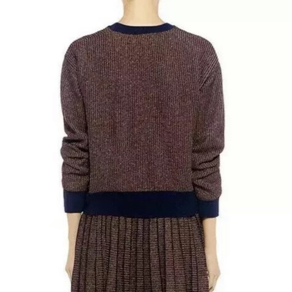 Tanya Taylor Metallic Knit Palm Sweater Navy Rust Multi L - Picture 3 of 12